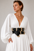 Black Leather Corset Belt with Gold Hardware