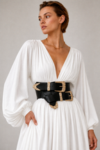 Black Leather Corset Belt with Gold Hardware