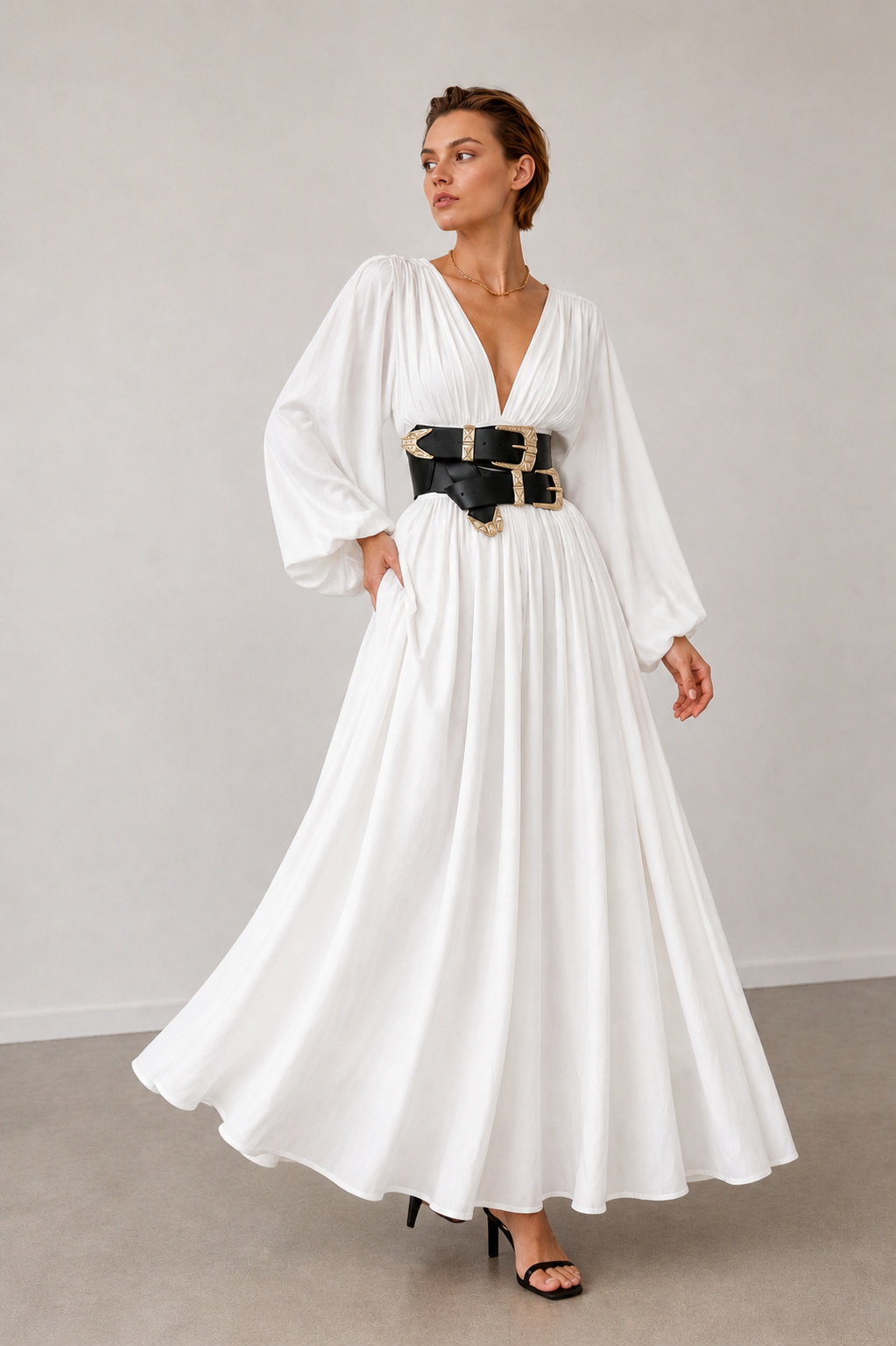 Black Leather Corset Belt with Gold Hardware