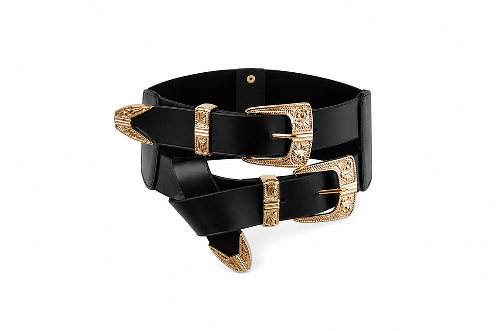 Black Leather Corset Belt with Gold Hardware